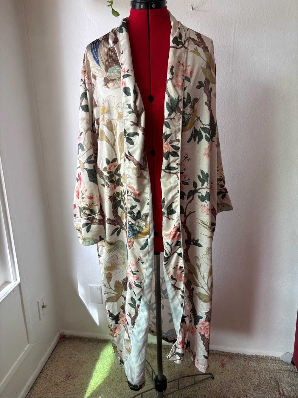 Pottery Barn Floral Satin Kimono Robe - Ivory, Pink, Green